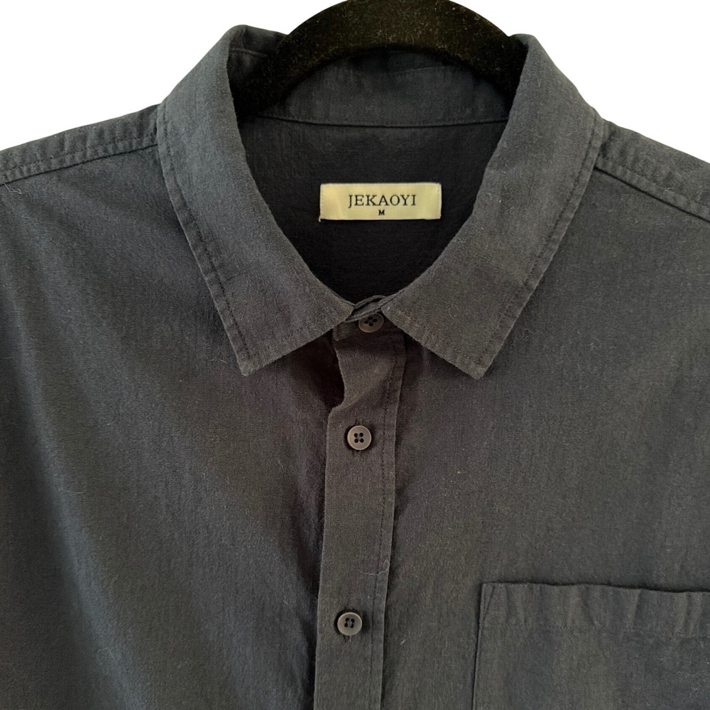 JEKAOYI Mens Navy Blue Cotton Linen Blend Short Sleeve Button Down Shirt Size M